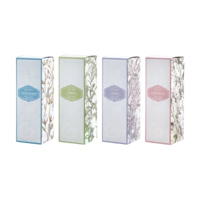 Embalagens retangulares com aromas FLOR DE ALGODÃO, VERBENA, LAVANDA, JASMIN BRANCO com desenhos botânicos