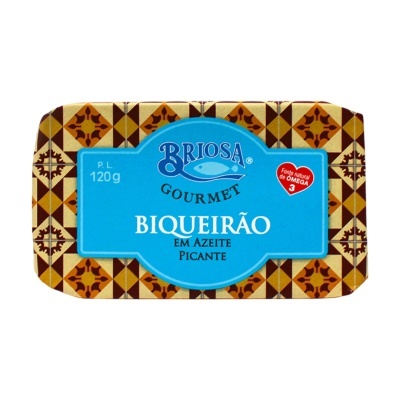 Lata de conserva de peixe Biqueirão em azeite picante da marca Briosa Gourmet