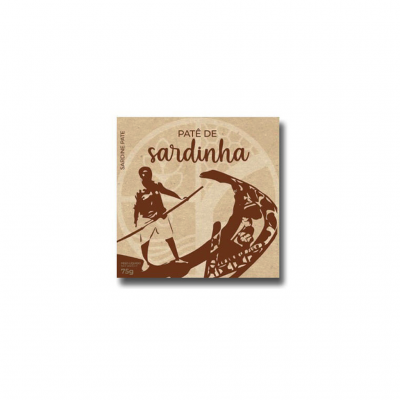 Embalagem de paté de sardinha com ilustração de homem a pescar sardinhas