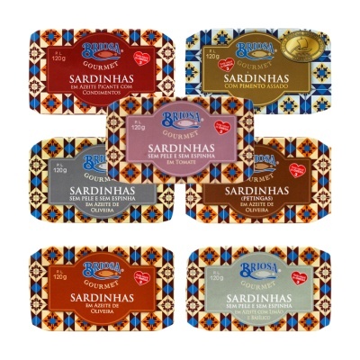 Sete latas coloridas de sardinhas Briosa Gourmet com vários sabores e 120g.