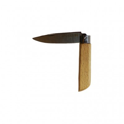 Faca de bolso com lâmina metálica e cabo de madeira clara