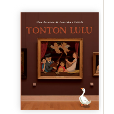 Capa de livro infantil TONTON LULU com ilustração de família e pato branco no chão