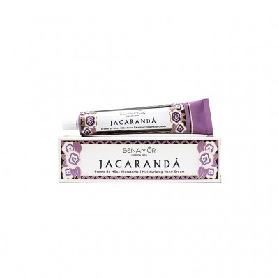 Creme de mãos hidratante Benamôr Jacarandá em embalagem tubular com padrão floral violeta e caixa correspondente.