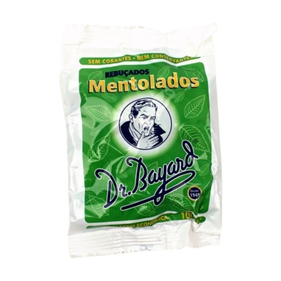 Embalagem de rebuçados Mentolados Dr. Bayard com design verde e branco e texto em amarelo e azul