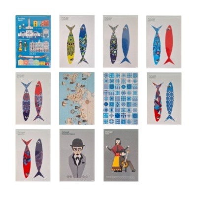 Postais ilustrados com sardinhas portuguesas, mapa, e figuras de Fernando Pessoa e fado.