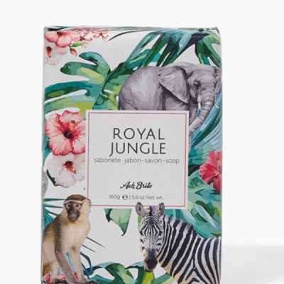 Embalagem de sabonete Royal Jungle com animais da selva e flores