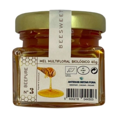 frasco de vidro com mel multifloral biológico da marca Beepure