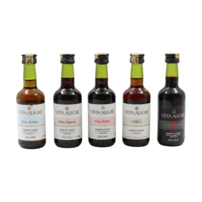 Cinco mini garrafas de vinho do Porto Vista Alegre de diferentes tipos.