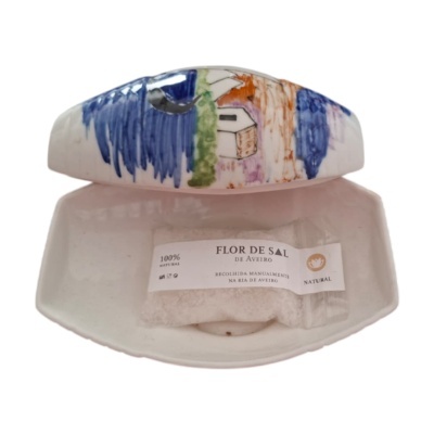 Recipiente cerâmico pintado com tampa e pacote de flor de sal natural