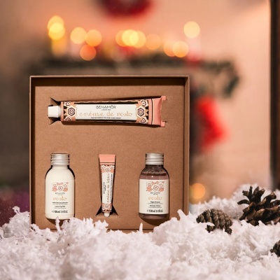 Conjunto de cosméticos Benamôr com creme, leite desmaquilhante, bálsamo de lábios e água micelar em embalagem castanha, decorado com flores cor-de-rosa, sobre neve artificial com pinhas ao lado