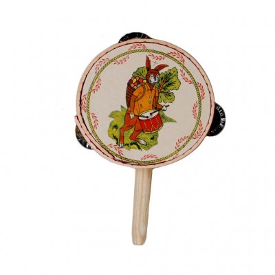 Pandeireta tradicional de madeira com pele decorada e ilustração colorida