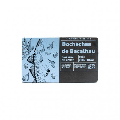 Embalagem de bochechas de bacalhau com alho em azeite, design azul e preto