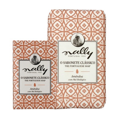 Embalagens de sabonete clássico Nally com padrão geométrico e texto em português.