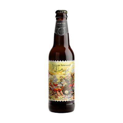 Garrafa de cerveja artesanal preta com rótulo colorido e texto Portugal