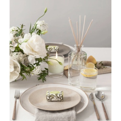 Mesa posta com pratos, talheres, copo com limão, vela CASTELBEL e perfume de ambiente com varetas