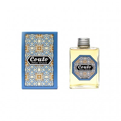 Frasco de after shave Couto com padrão de azulejo azul e branco