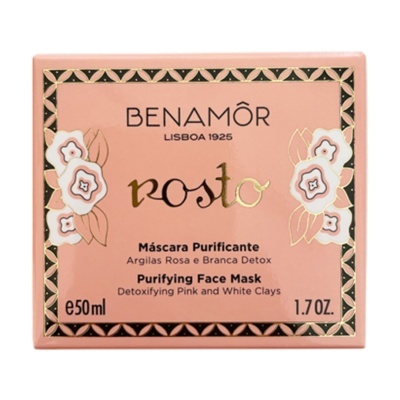 Embalagem rosa de máscara purificante facial Benamôr com flores brancas e detalhes dourados