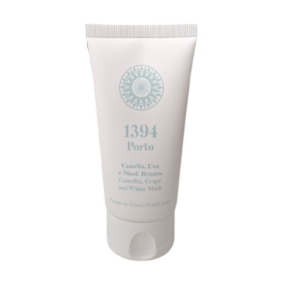 Frasco branco de creme de mãos 1394 Porto com texto azul claro