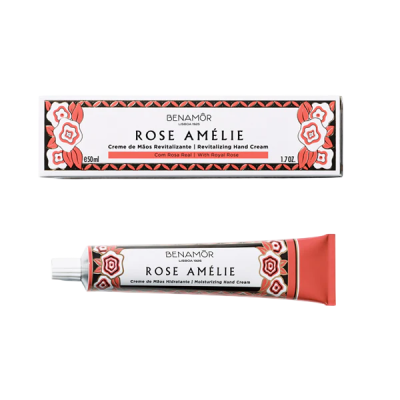 Creme de mãos Rose Amélie Benamôr, tubo e caixa com padrão floral vermelho, rosa e preto