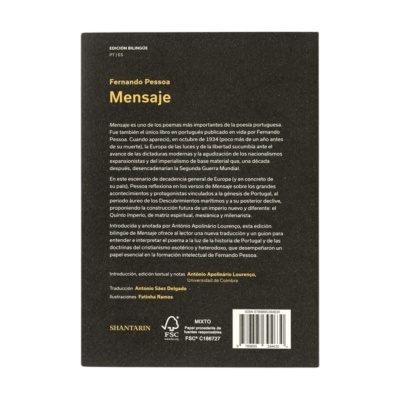 Verso do livro Mensaje de Fernando Pessoa com texto informativo em amarelo e branco sobre capa preta.