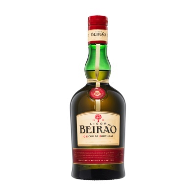 Garrafa de licor Beirão com rótulo creme e tampa vermelha