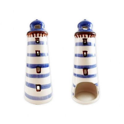 Faróis decorativos em cerâmica com riscas azuis e brancas e topo azul