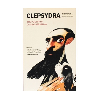 Capa de livro CLEPSYDRA com ilustração de homem com barba e cão preto e branco.