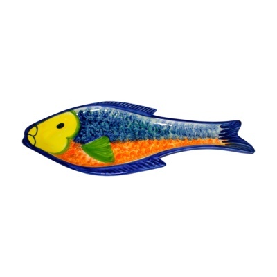 Prato cerâmico decorativo em forma de peixe colorido