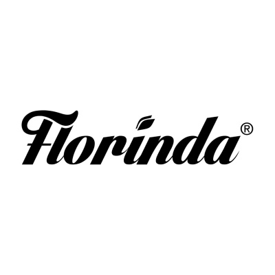 Logotipo preto da marca Florinda em fonte cursiva com detalhe de folha.