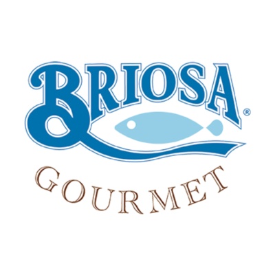 Logótipo Briosa Gourmet com texto e um peixe azul estilizado.