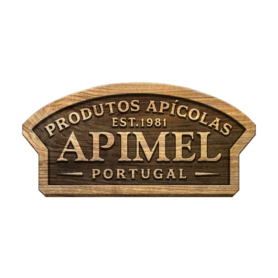 Placa de madeira com texto em relevo Produtos Apícolas Apimel Portugal.