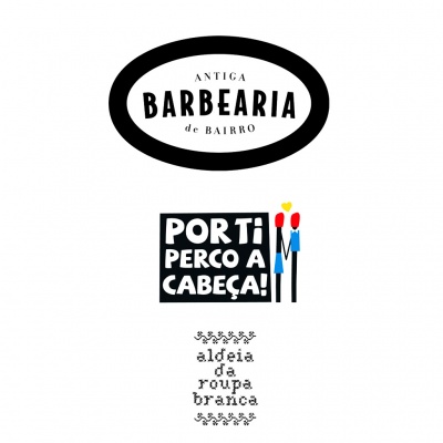 Três logotipos de marcas em fundo branco com textos e ilustrações distintas.