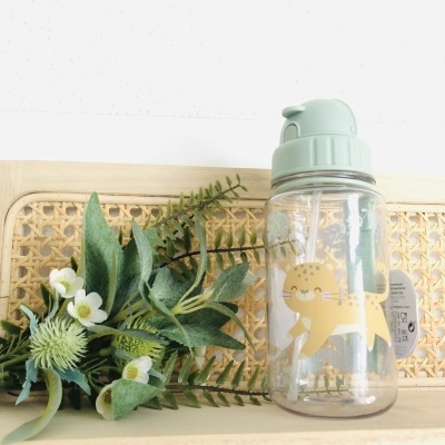 Garrafa de plástico com desenho de gato amarelo e tampa verde, com folhagem ao lado