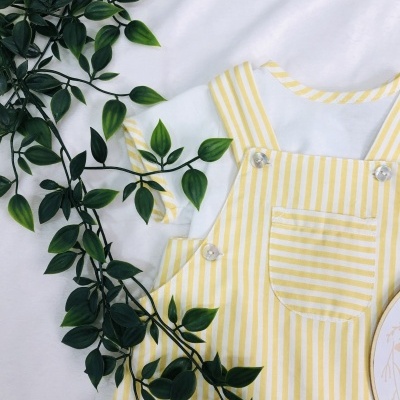 Macacão de bebé amarelo às riscas com t-shirt branca e planta verde