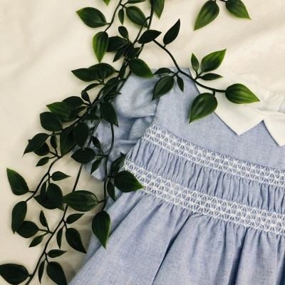 Vestido infantil azul claro com gola branca e bordado branco, com folhas verdes ao redor