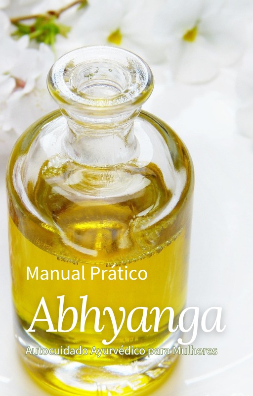 Garrafa de óleo amarelo com texto manual prático abhyanga