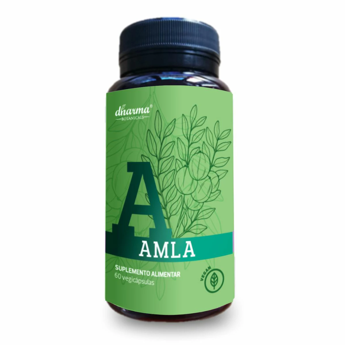 Frasco verde de suplemento alimentar AMLÅ com tampa preta