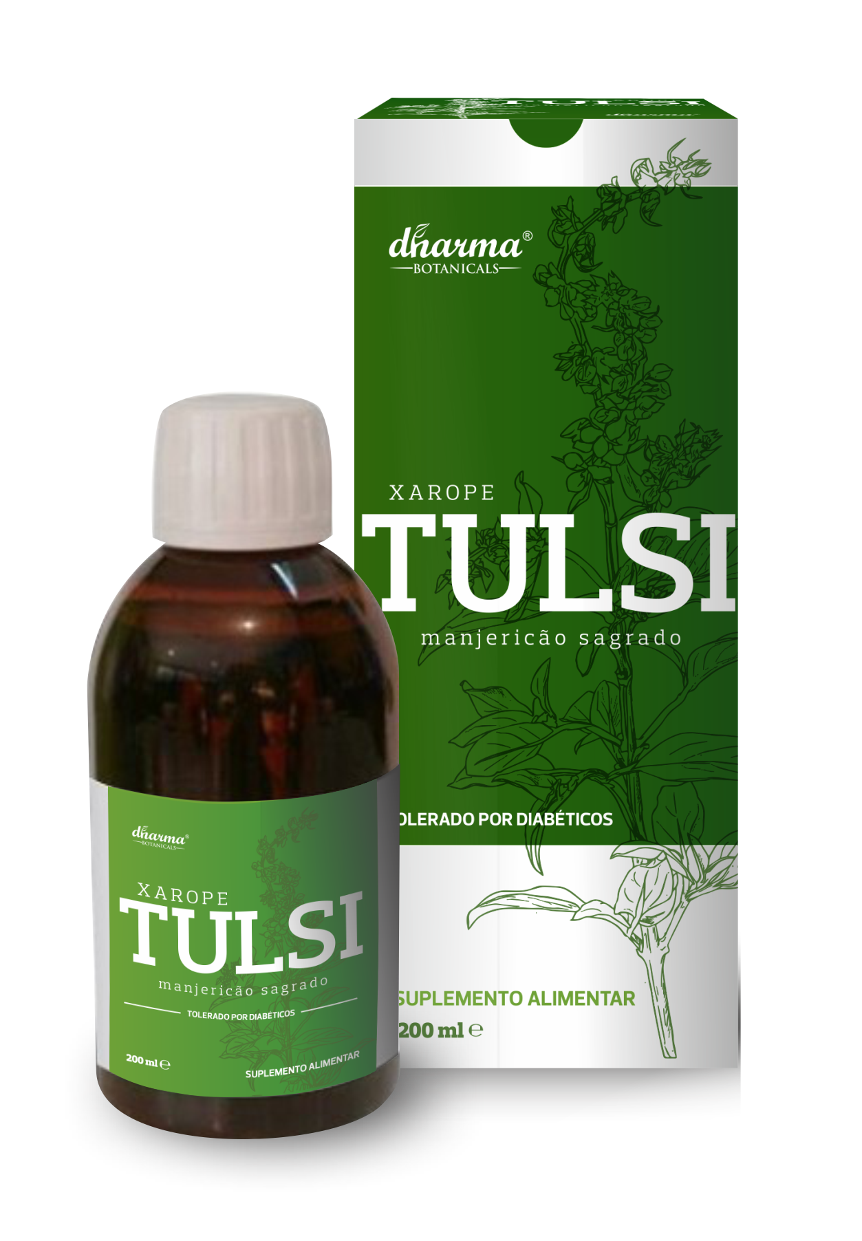 frasco e caixa de xarope Tulsi manjericão sagrado com embalagem verde