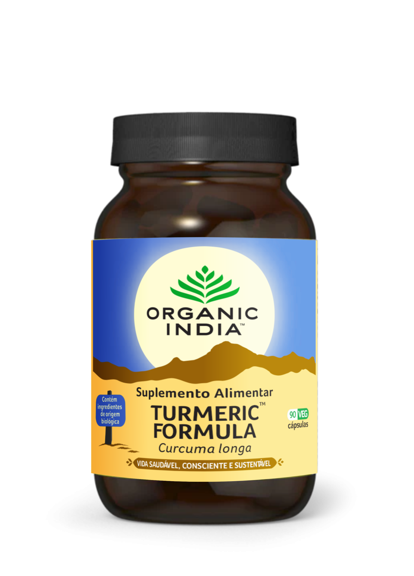 Frasco de suplemento alimentar turmérico com rótulo Organic India