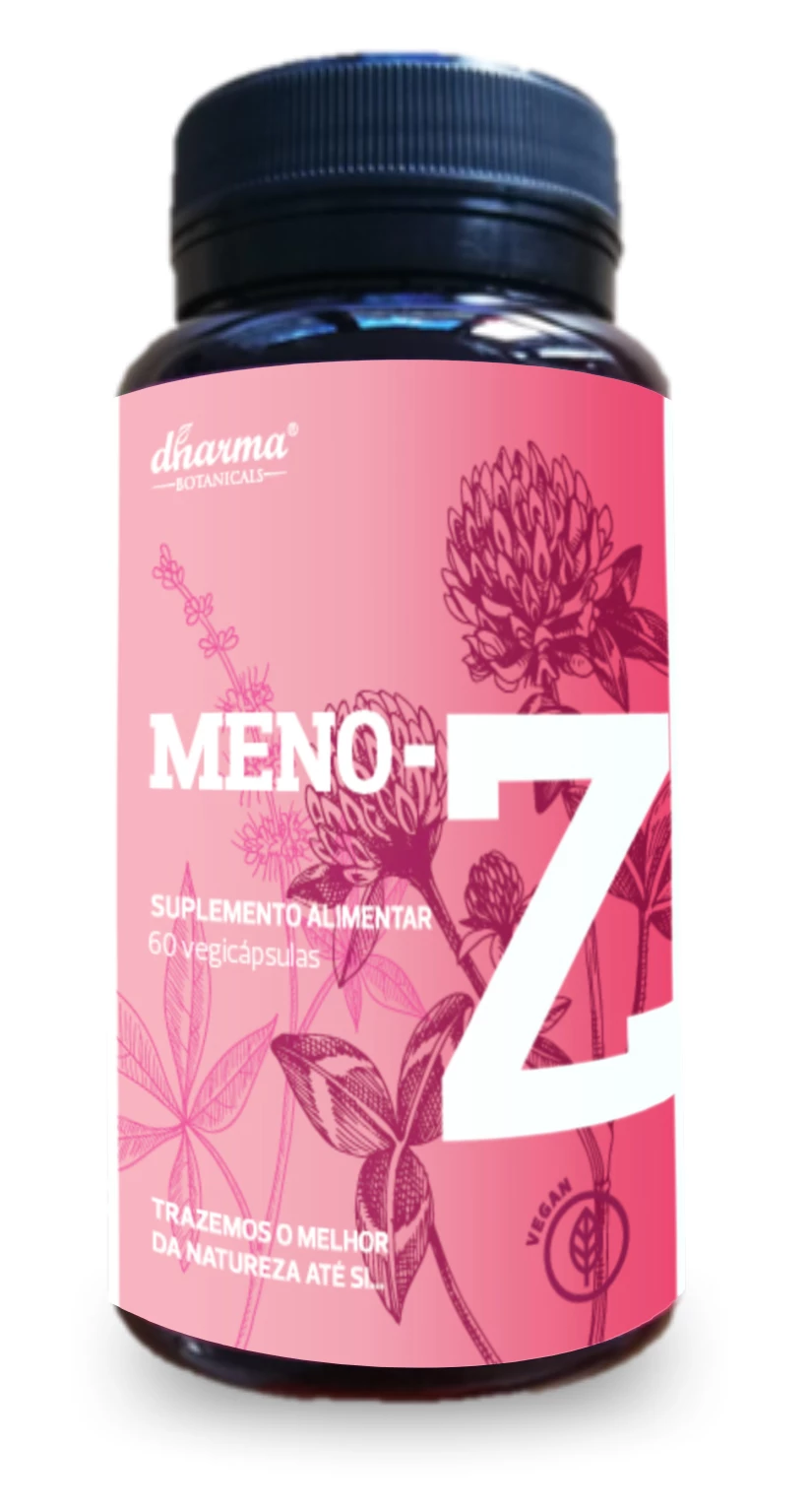 Meno-Z Dharma Botanicals® – 60 vegicápsulas frasco de suplemento alimentar MENO-Z com rótulo rosa e desenhos de plantas