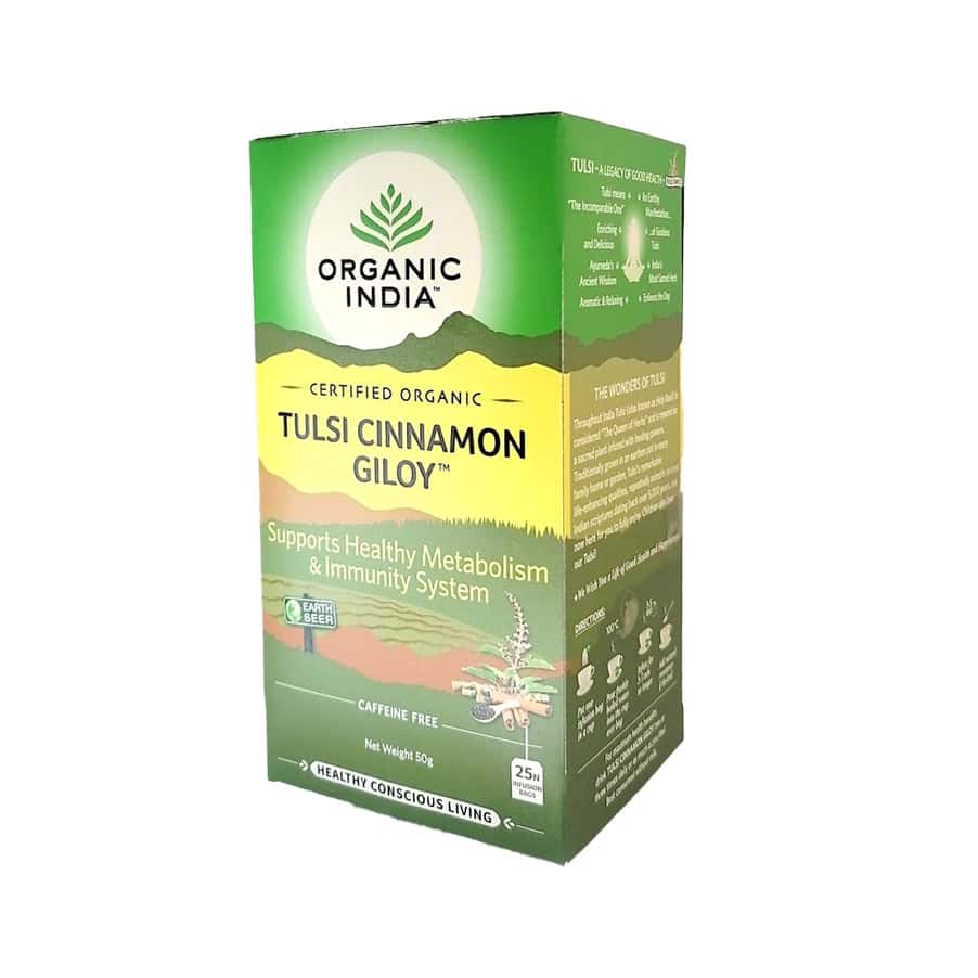 Caixa de chá orgânico Tulsi Cinnamon Giloy da Organic India em cores verde, amarelo e marrom