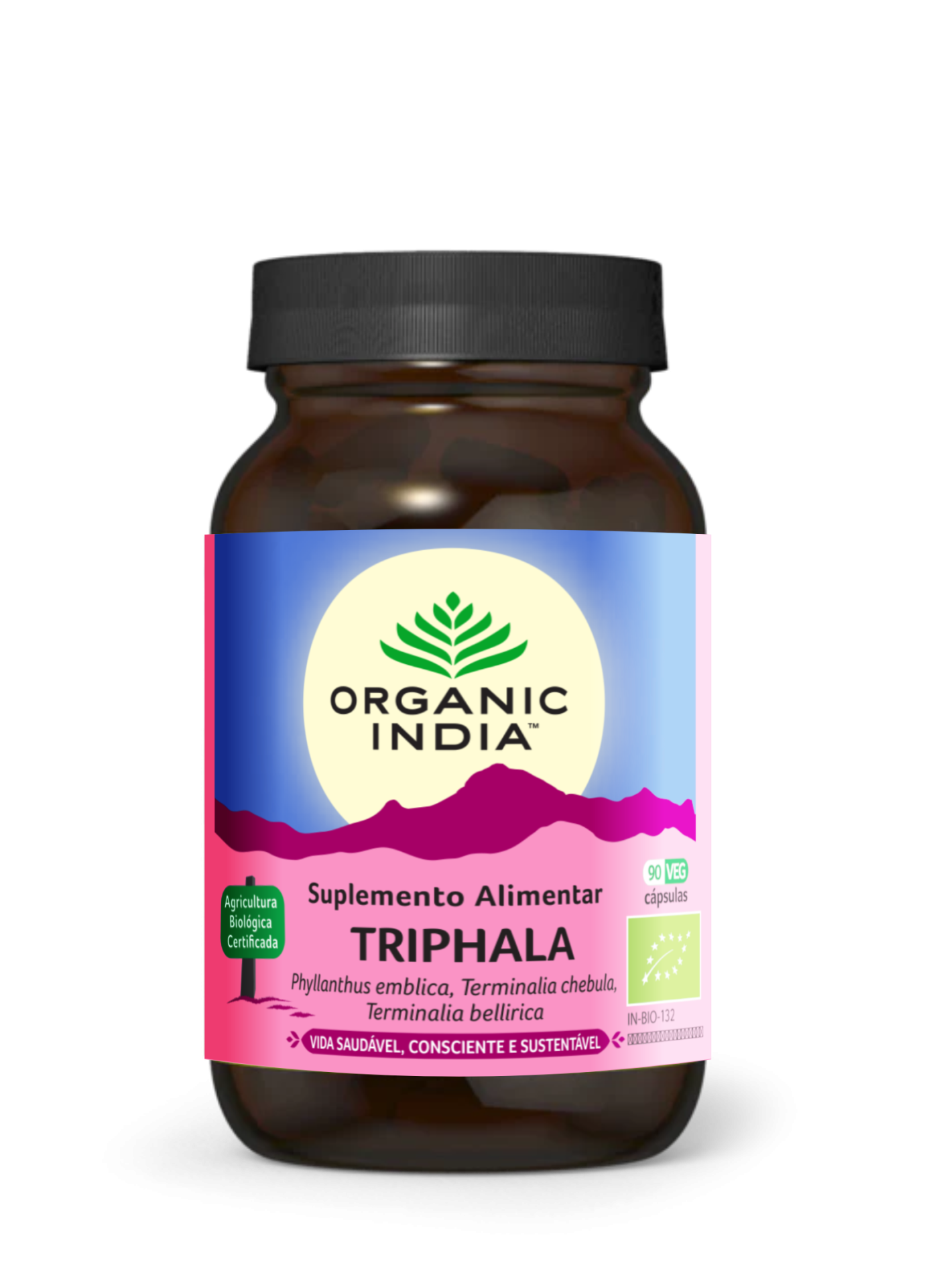 Frasco de suplemento alimentar Triphala da Organic India com rótulo azul e rosa
