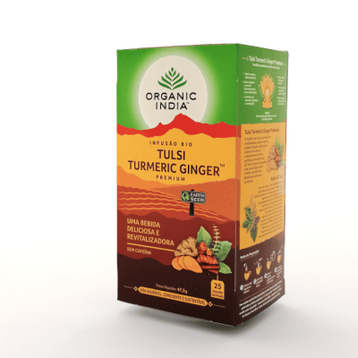 Caixa de infusão Tulsi Turmeric Ginger Organic India com gengibre e curcuma