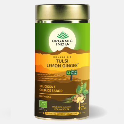 Recipiente metálico de infusão bio Tulsi Lemon Ginger da Organic India com rótulo verde e amarelo