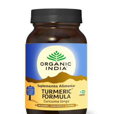 Frasco de suplemento alimentar turmérico com rótulo Organic India