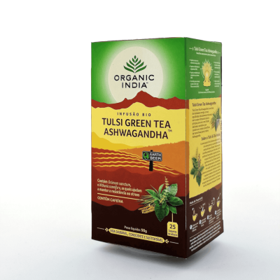 Caixa de chá Tulsi Green Tea Ashwagandha Organic India colorida com selo Earth Seer