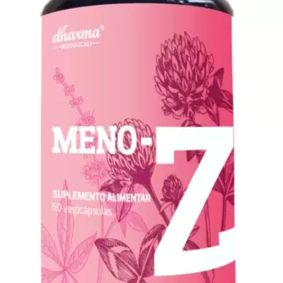 frasco de suplemento alimentar MENO-Z com rótulo rosa e desenhos de plantas