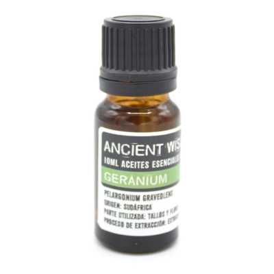 Frasco de óleo essencial de gerânio com rótulo branco e verde