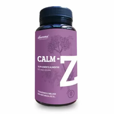 frasco preto suplemento alimentar Calm-Z com rótulo roxo e texto branco
