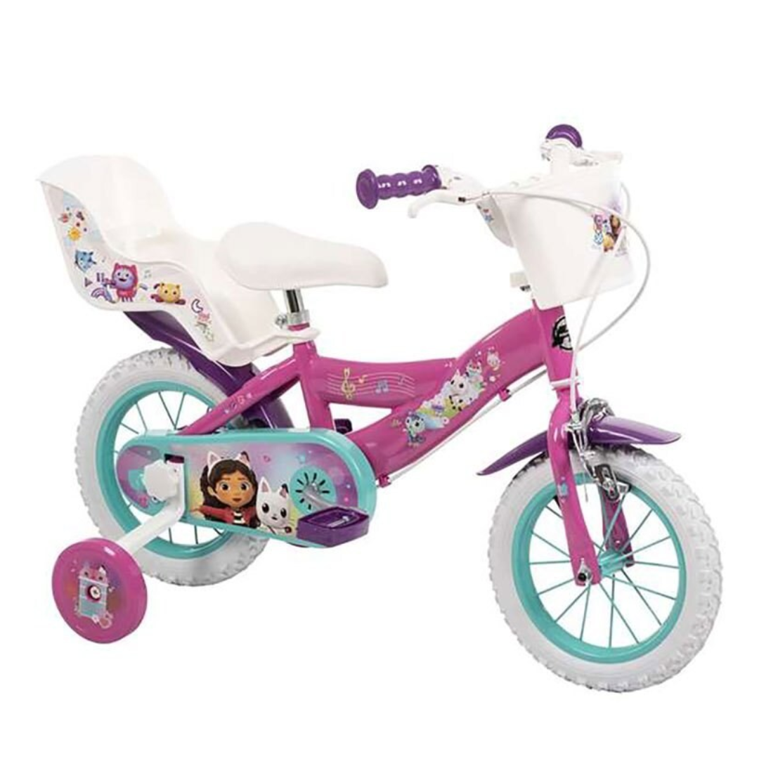 Bicicleta infantil rosa com rodinhas de apoio, banco branco e decoração de personagens